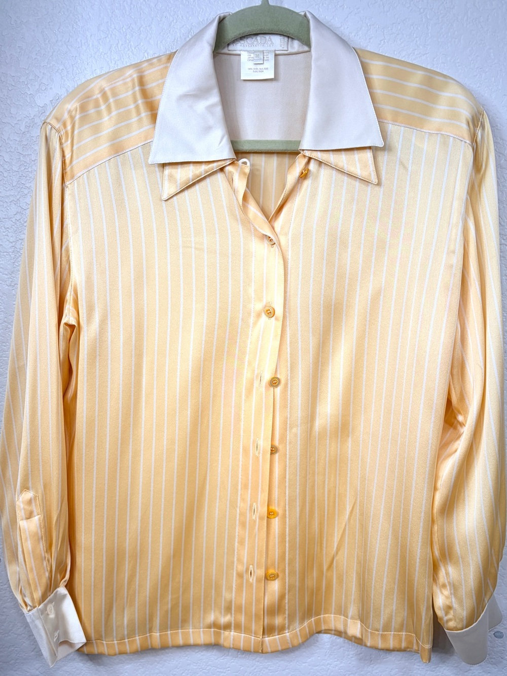 Escada Vintage 100% Silk Yellow Striped Button-Down Blouse Cream Collar Size 38